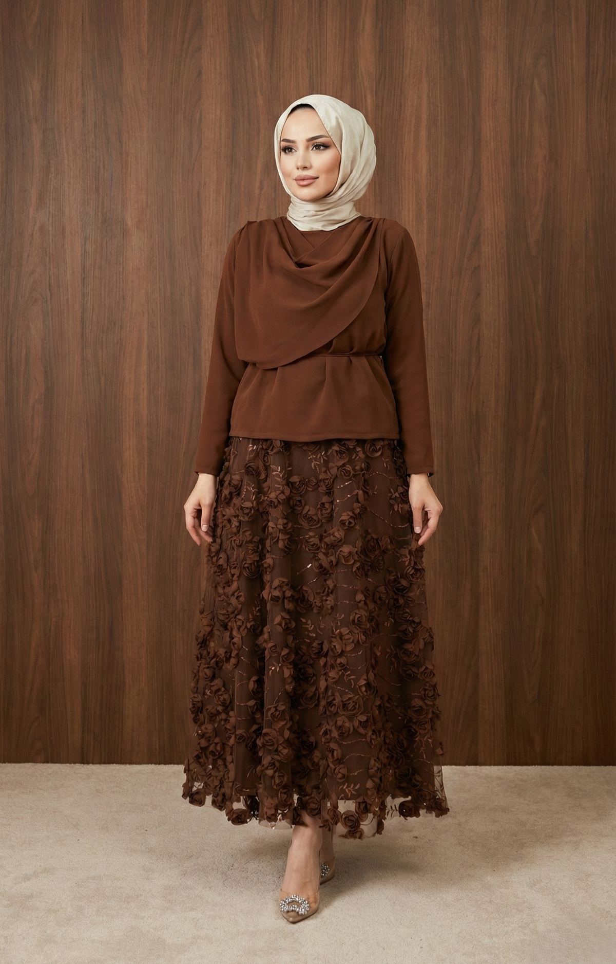 Çiçek Takım — Kahve - Mara Moda tesettür takım