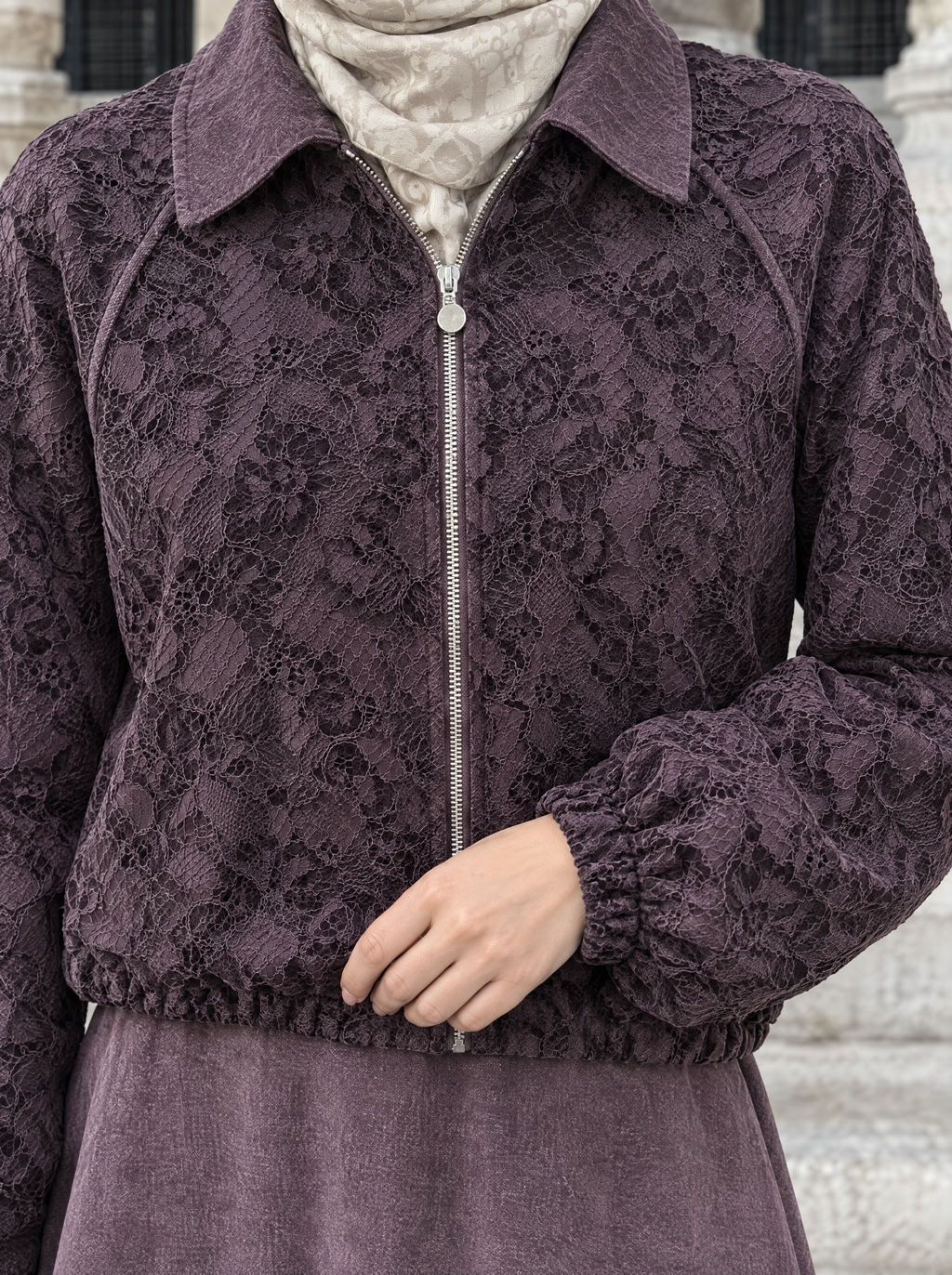 Dantel Bomber Takım Mürdüm – yakın detay