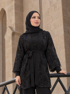 İşlemeli Tül Kimono Takım Siyah – geniş kollu işlemeli kimono