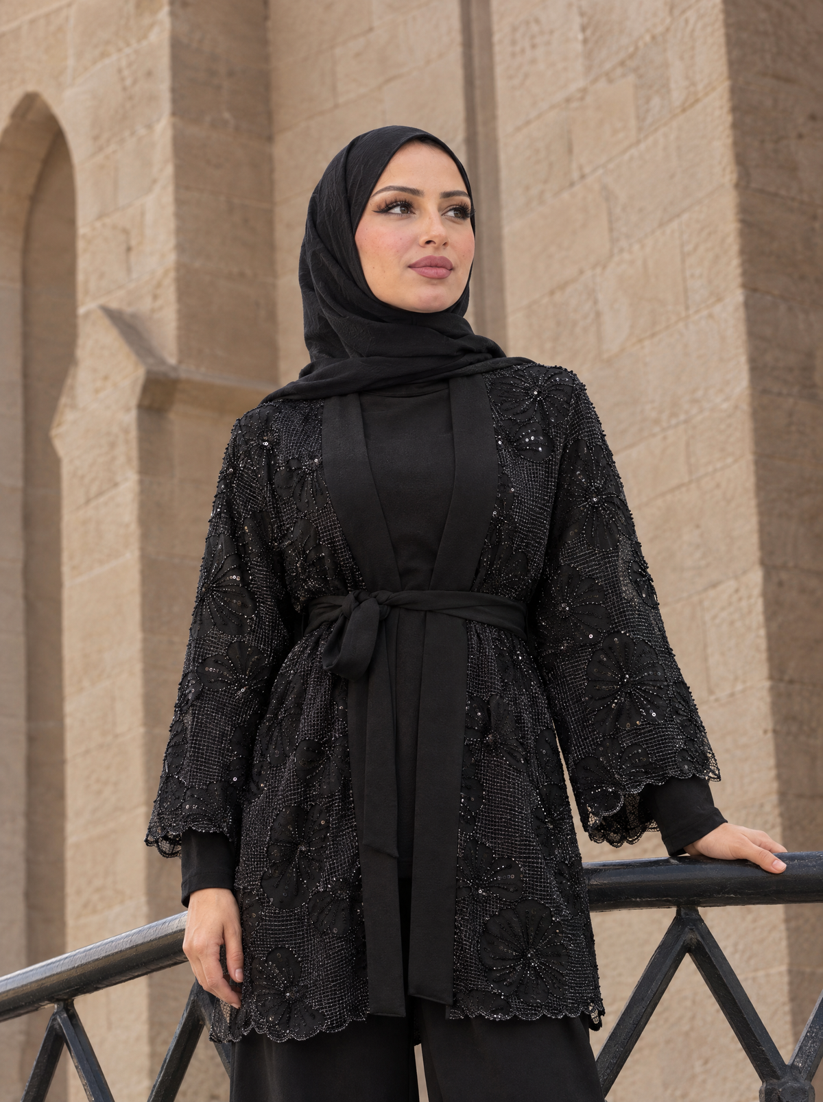 İşlemeli Tül Kimono Takım Siyah – geniş kollu işlemeli kimono