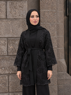 İşlemeli Tül Kimono Takım Siyah – çiçek işlemeli tül kimono ve kuşak