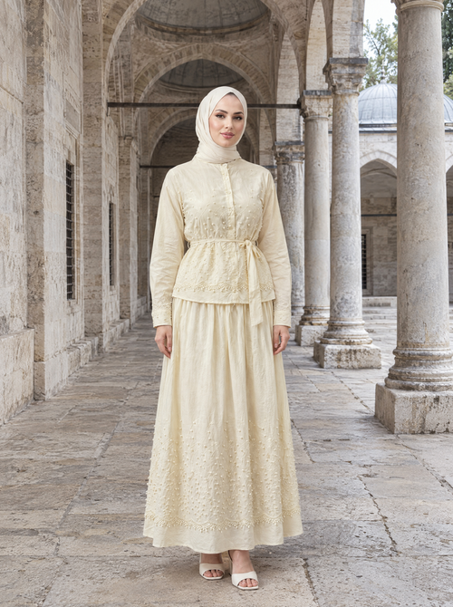 Açelya Takım — Sarı, ön duruş - Mara Moda tesettür takım