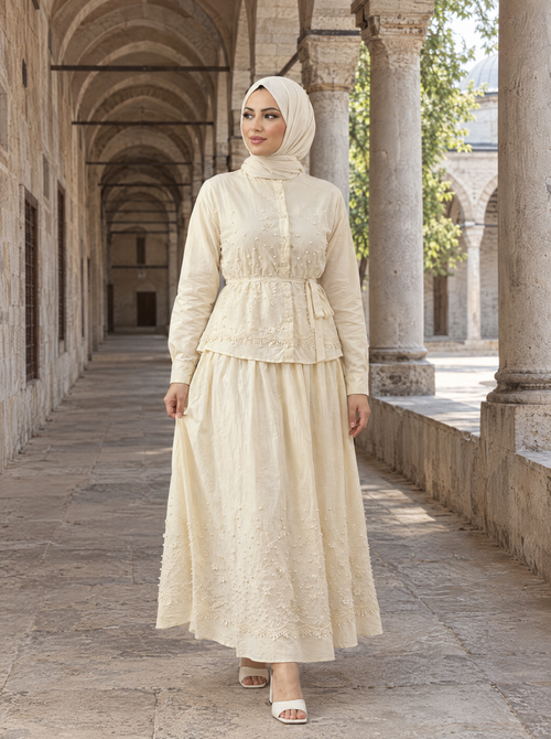 Açelya Takım — Sarı, yürürken - Mara Moda tesettür takım