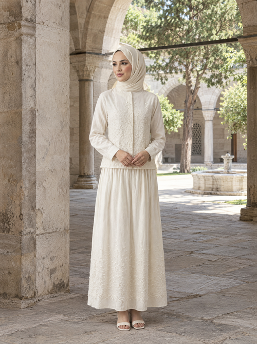 Açelya Takım — Bej, avluya bakarken - Mara Moda tesettür takım