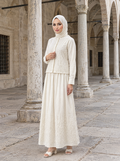 Açelya Takım — Bej, üç çeyrek duruş - Mara Moda tesettür takım