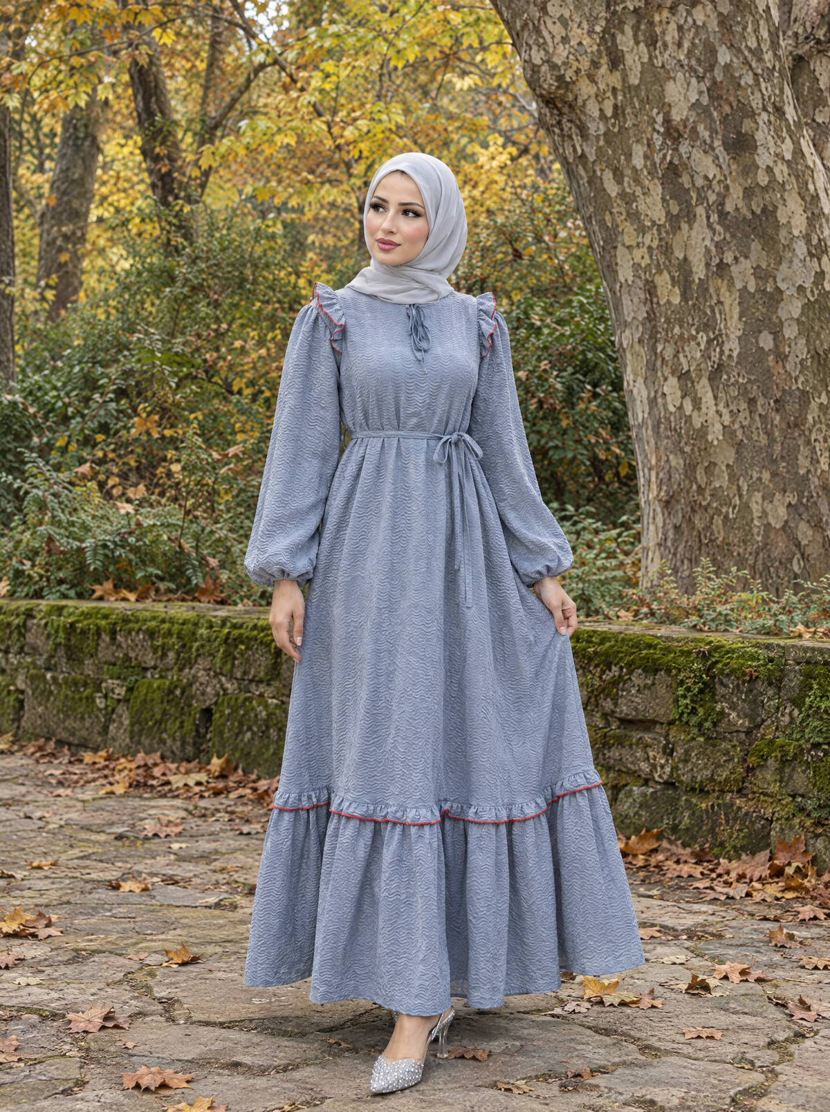 Kalya Elbise — Mavi, sonbahar koru - Mara Moda tesettür elbise