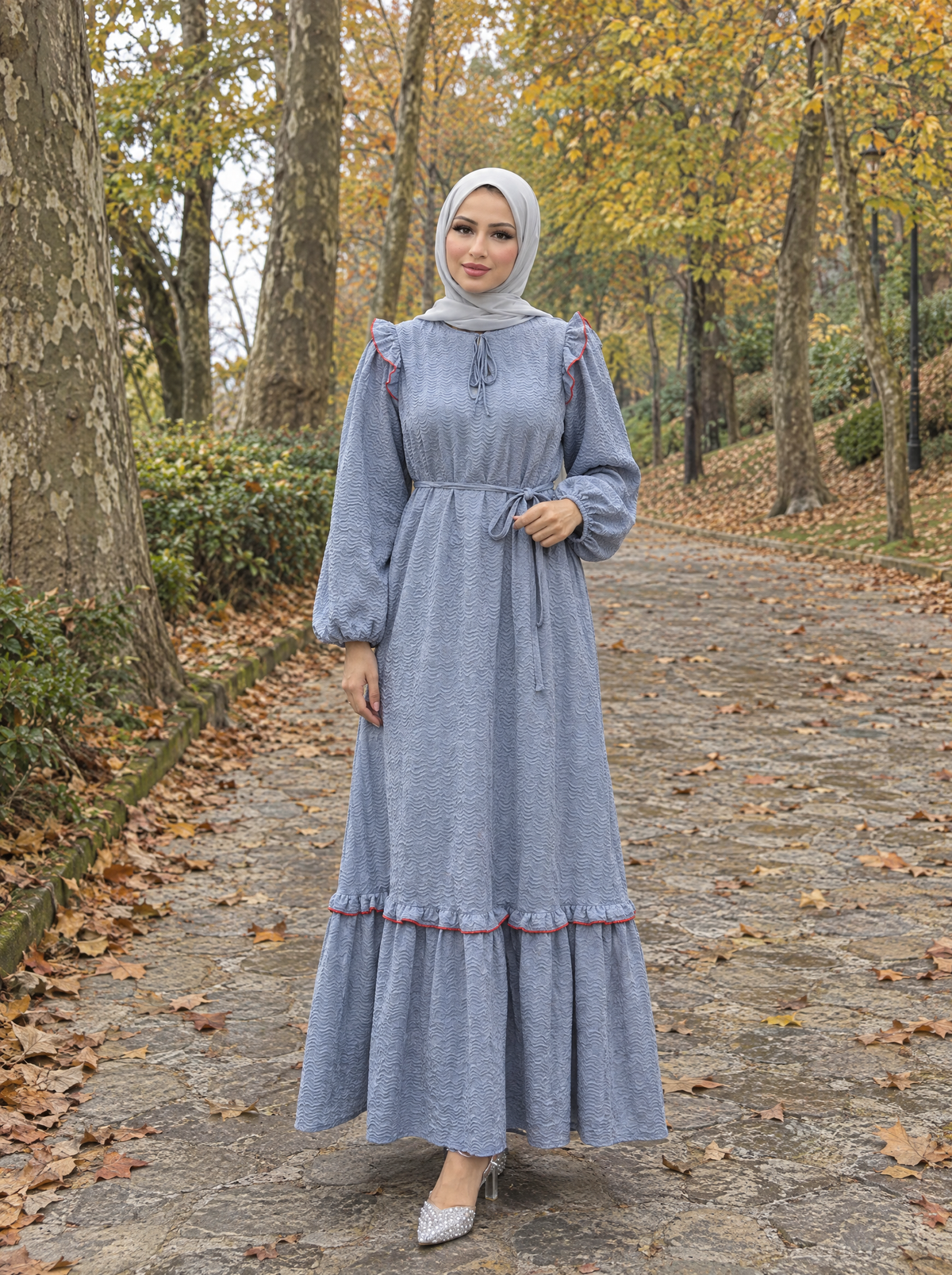 Kalya Elbise — Mavi, ön duruş - Mara Moda tesettür elbise