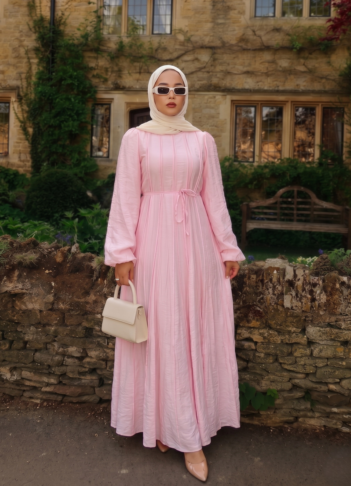 Sedef Seyyar Kemerli Pamuk Tencel Elbise — Pembe - Mara Moda tesettür elbise