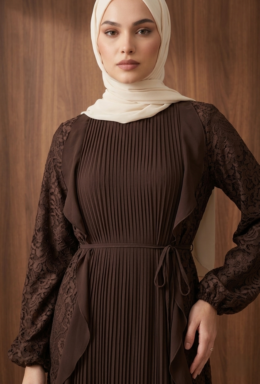 Sıla Piliseli Şifon Elbise — Kahve - Mara Moda tesettür elbise