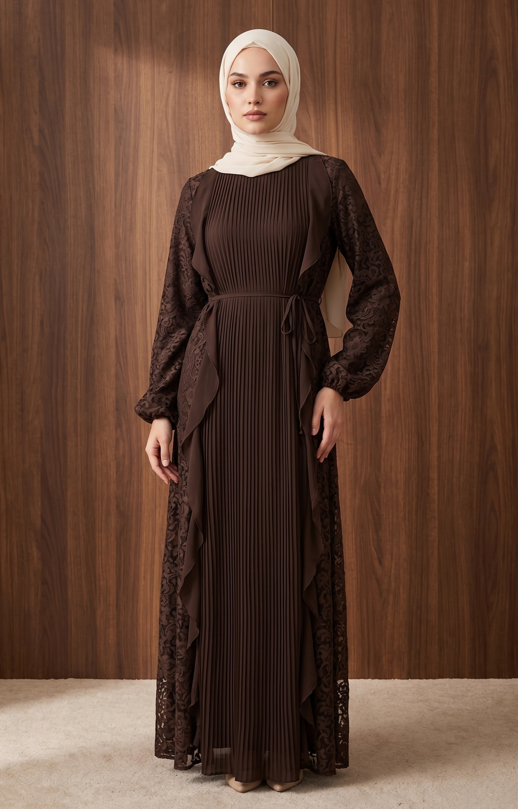 Sıla Piliseli Şifon Elbise — Kahve - Mara Moda tesettür elbise