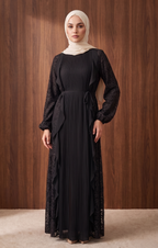 Sıla Piliseli Şifon Elbise — Siyah - Mara Moda tesettür elbise