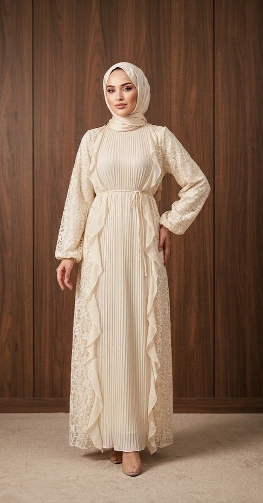 Sıla Seyyar Kemerli Şifon Elbise — Krem - Mara Moda tesettür elbise